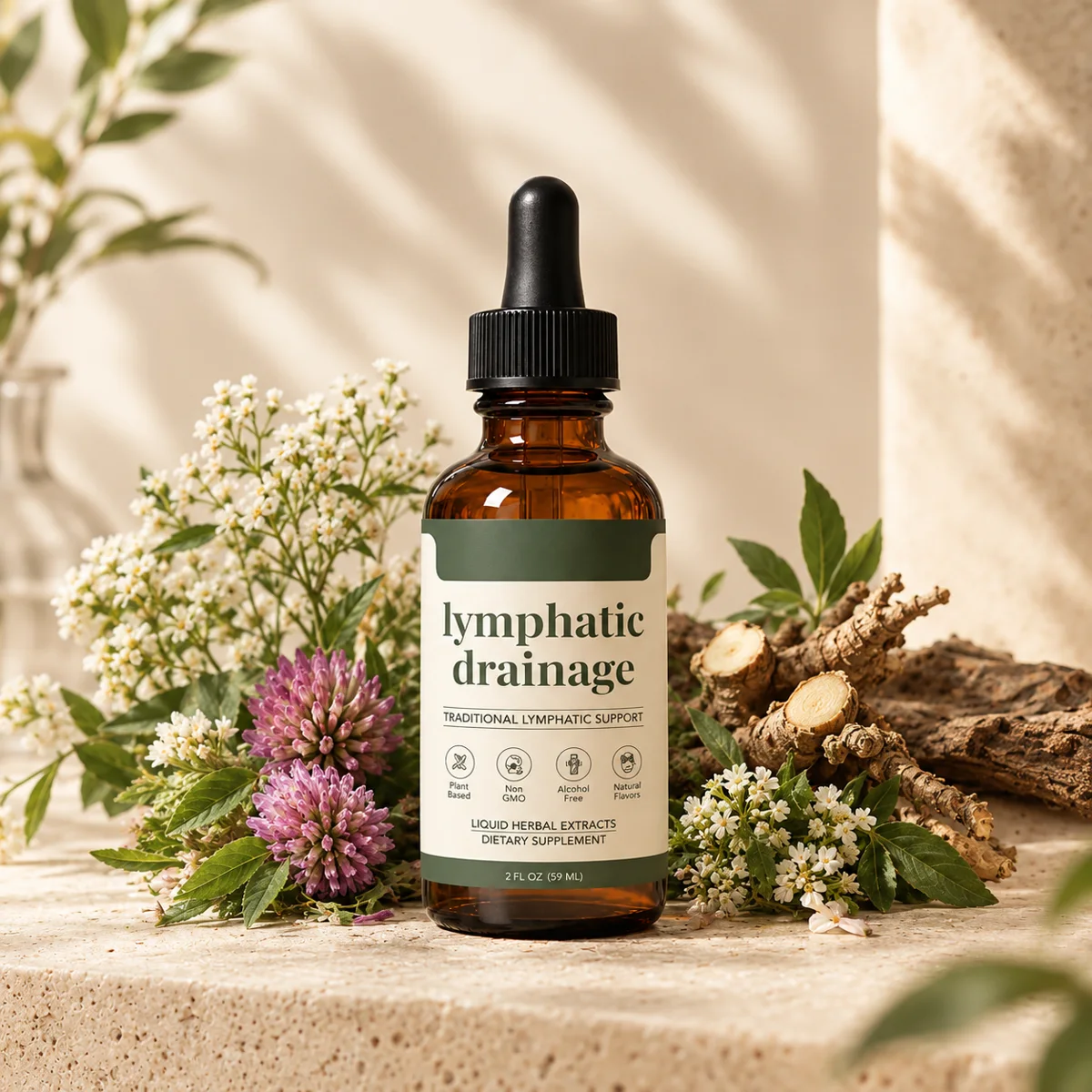 LYMPH DREAM bottle surrounded by its four botanicals